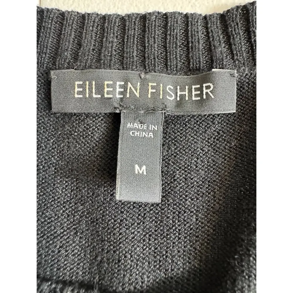 Eileen Fisher silk blend scoop neck black long sleeve sweater back pleat Sz Med